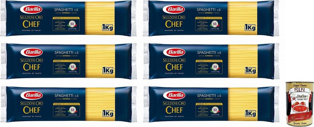 6x Barilla Selezione Oro Chef Spaghetti n.5,Hartweizengrieß Pasta,100% italienisches Getreide,Packung mit 1kg + Italian Gourmet Polpa di Pomodoro ...