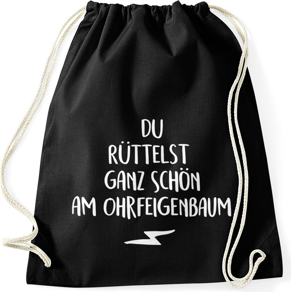 Witziger Turnbeutel mit Spruch Du rüttelst ganz schön am Ohrfeigenbaum Moonworks schwarz unisize
