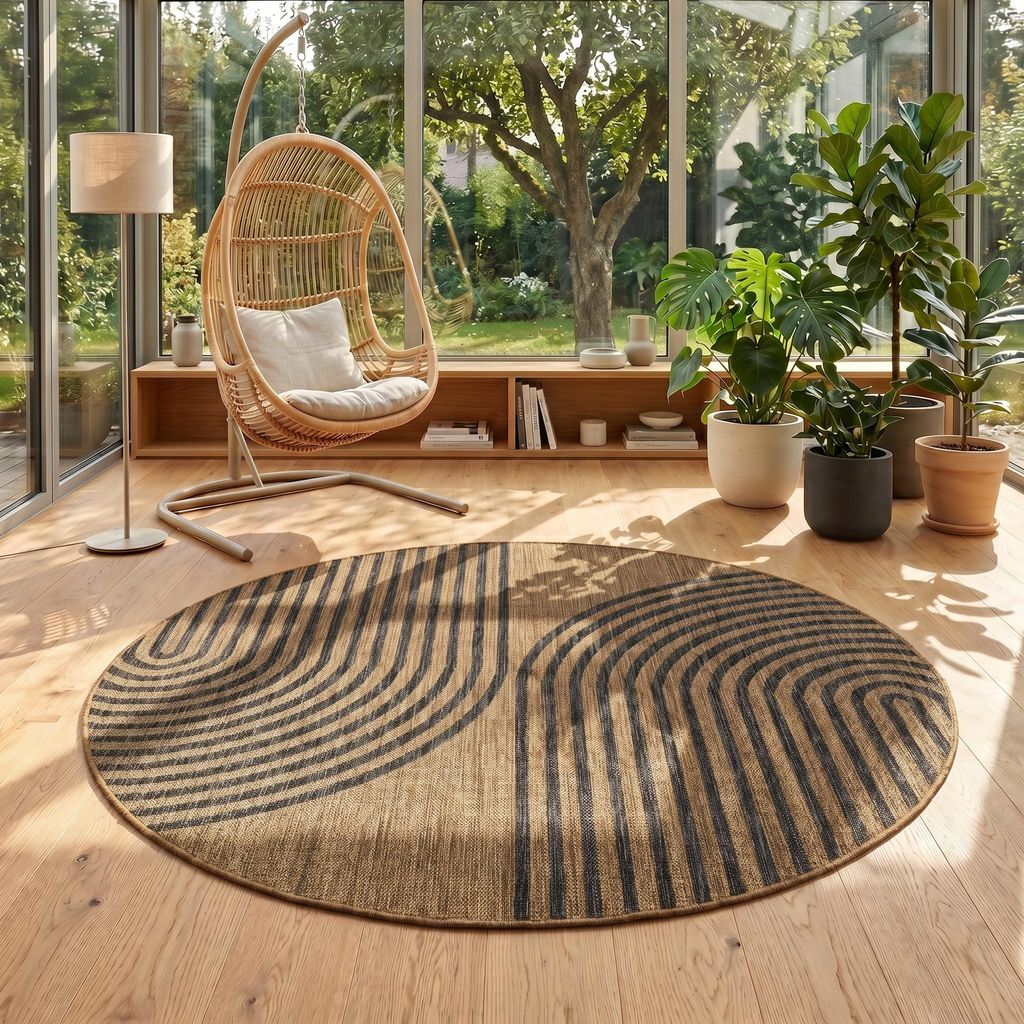 Carpetsale24 Outdoor Teppich Schwarz Natur Jute Optik Rund Produktbild 