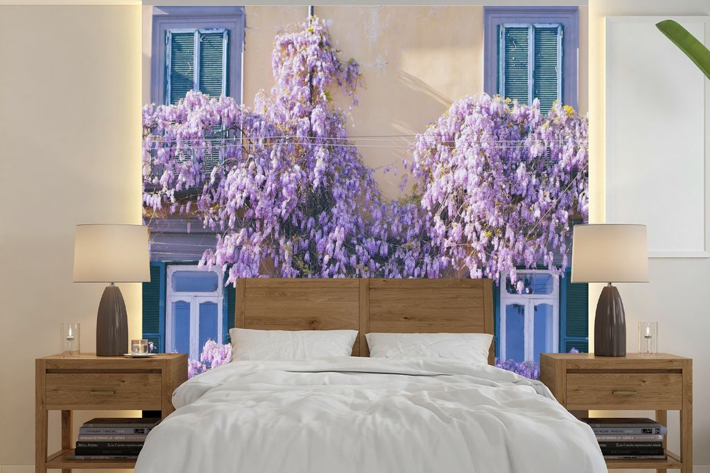 MuchoWow Fototapete für Wohnzimmer oder Schlafzimmer Wandtapete Vinyl Motivtapete Blauer Regen voller Blumen - 280x280 cm - Hintergrundbild
