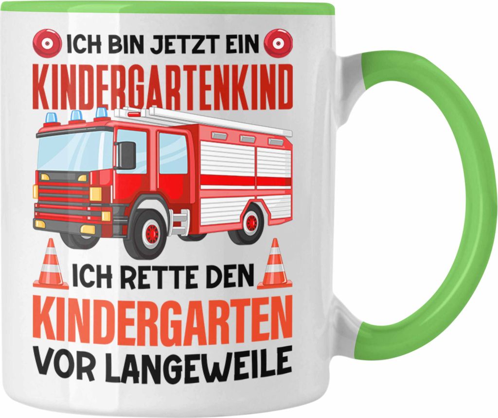 Trendation - Kindergartenkind Tasse Geschenk für Ich Bin Jetzt Kindergartenkind Geschenkidee Spruch Jungs Feuerwehr (Grün)