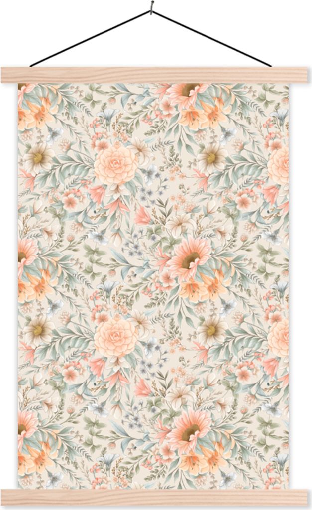 MuchoWow Textilposter Sommerblumen - Pastell - Muster 40x60 cm mit holzfarbenen Rahmen - Poster
