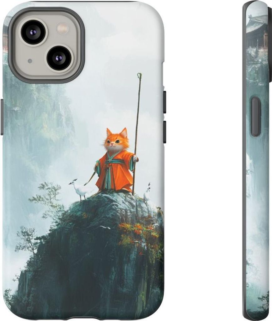 Mystische Katze im antiken Gewand auf Berggipfel – Hülle Kompatibel mit iPhone 14