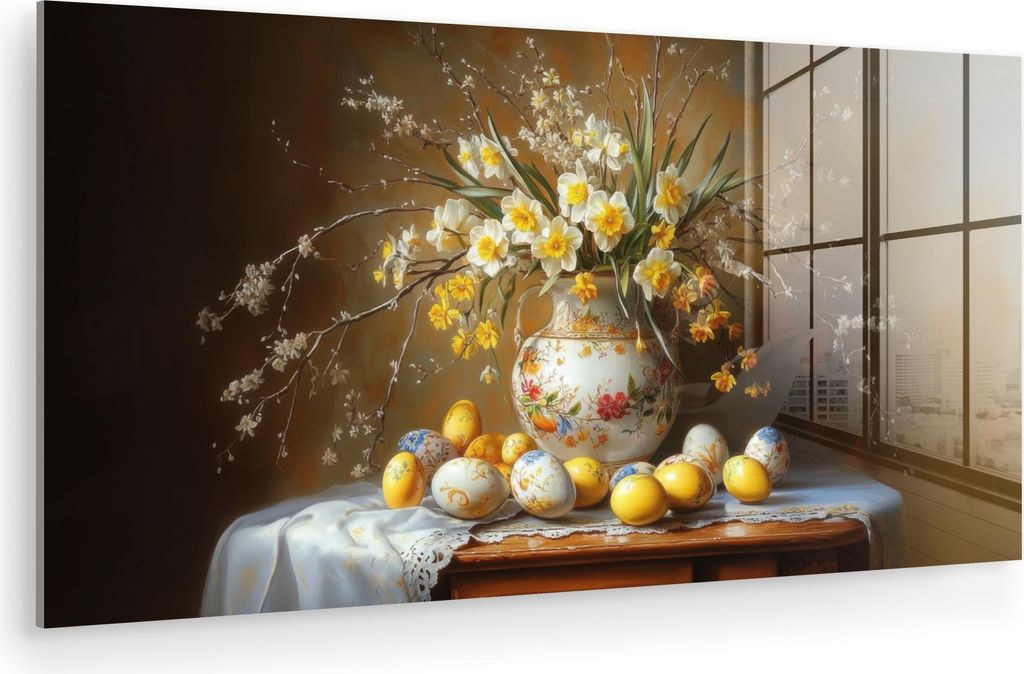 MuchoWow Glasbilder - Bilder auf Wandbild - Foto auf Glas Ostereier - Stillleben - Vase 120x60 cm Wanddekoration aus Glas - Acrylglasbild - Acrylbi...