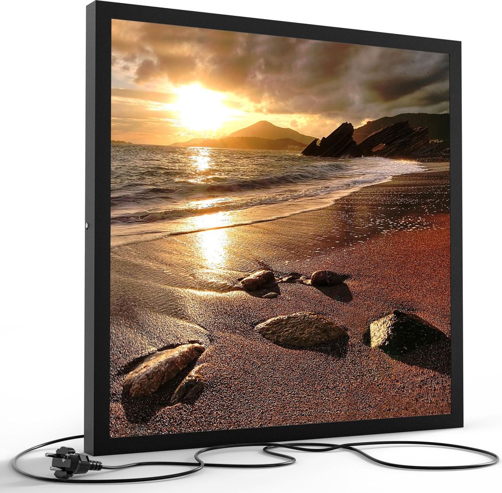 DEQORI LED-Bild & Lampe 60x60 cm Schwarz 'Strand im Sonnenuntergang' Leuchtbild Leuchte