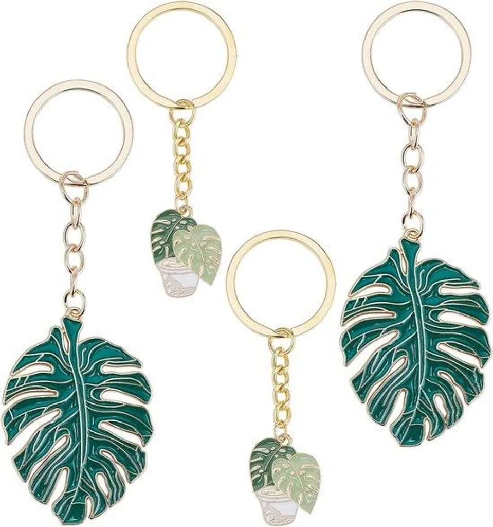 Porte-clés voiture monstera vert en métal robuste avec anneau renforcé