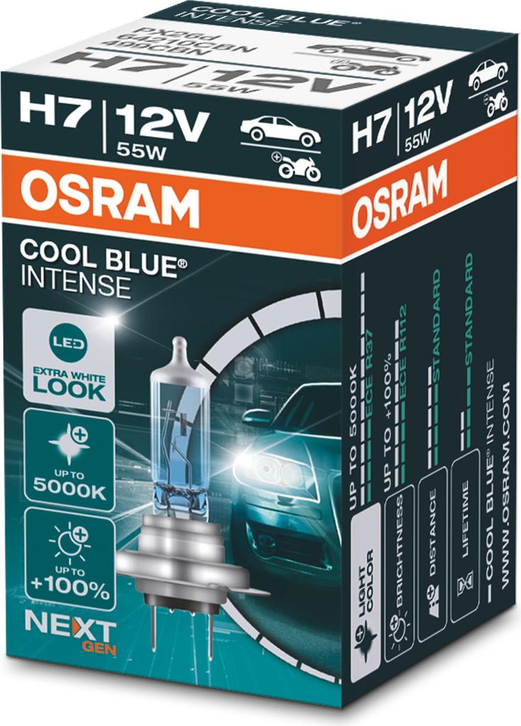 A product box for OSRAM Cool Blue Intense H7 headlight bulbs, showing the packaging and a graphic of a car.