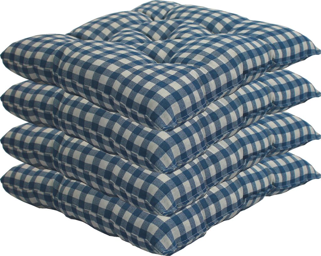 Stuhlkissen 38x38 cm ComfySeat - Sitzkissen mit 6 cm Comfort Sitzpolster - Indoor & Outdoor, Farbe:Karo-Blau, Set:4er Set