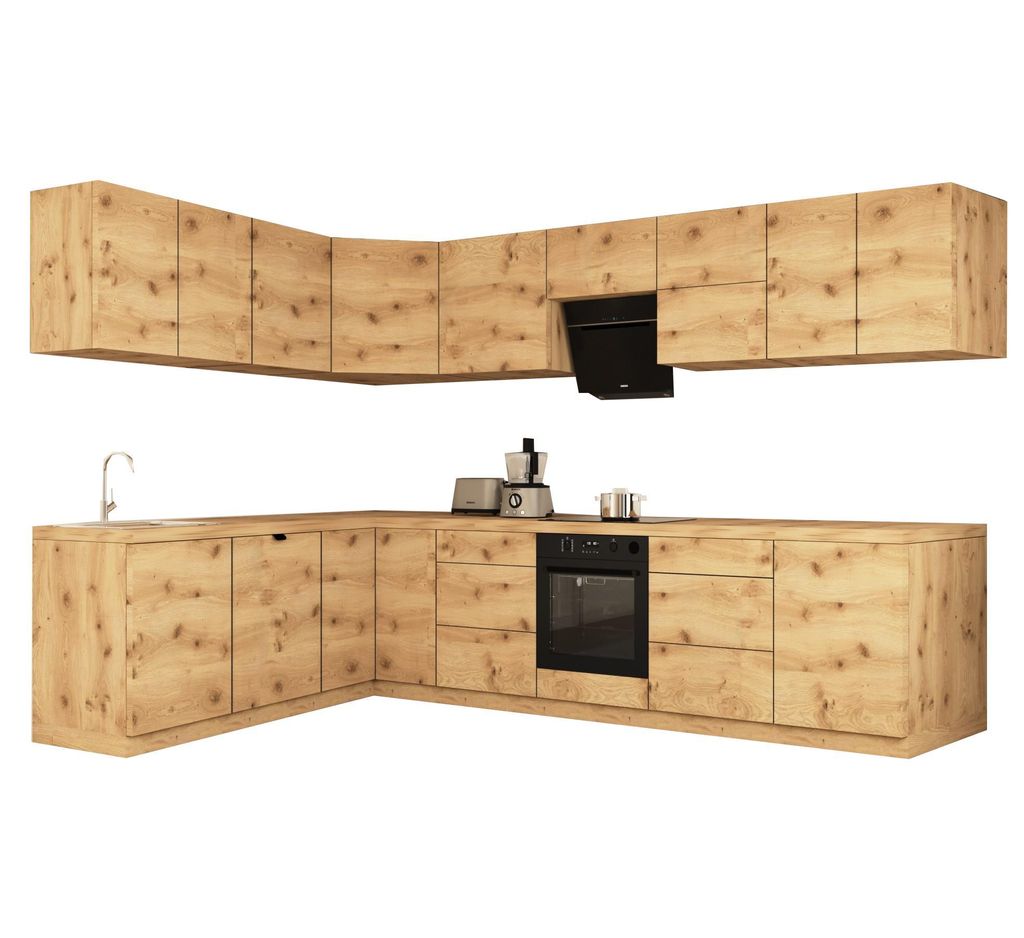 Winkelküche 320 x 200 cm Einbauküche mit Herdumbauschrank L-Küche Küchenblock Ohne Arbeitsplatte, Langen KL15-M320,Artisan Eiche