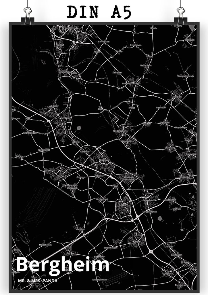 Mr. & Mrs. Panda Bild Bergheim DIN A5 - Geschenk, grafikposter, Stadt, Kunstdruck, drucke, wanddeko, Dorf Karte Landkarte Map Stadtplan, Wandbild