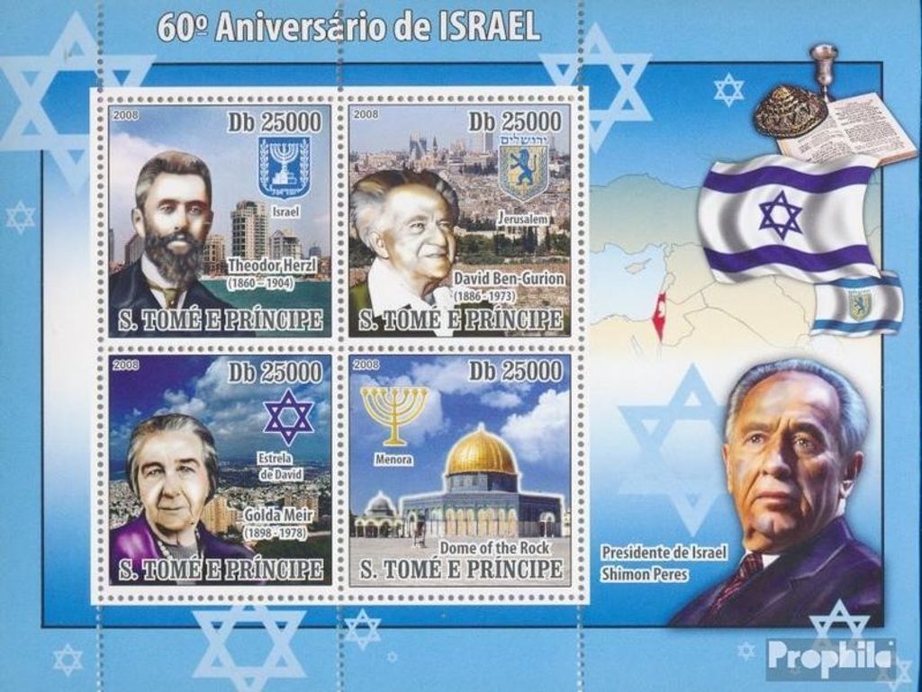 Briefmarken Sao Tome e Principe 2008 Mi 3615-3618 Kleinbogen (kompl. Ausgabe) postfrisch ISRAEL 60. Jahrestag