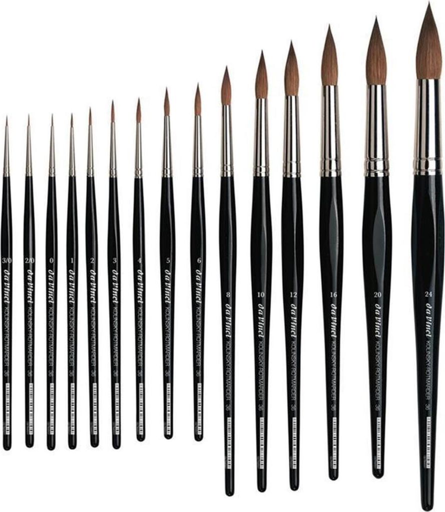 A collection of paintbrushes arranged in a row against a white background.