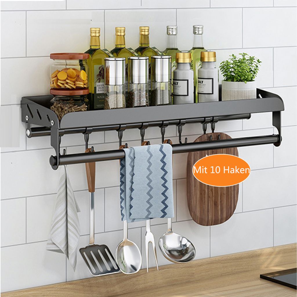 Gewürzregal Wand ohne Bohren,Gewürzregal Hängend Mit küchenrollenhalter und 10 Haken,Küchenregal für Gewürze,Wandmontage gewürzregal schran...