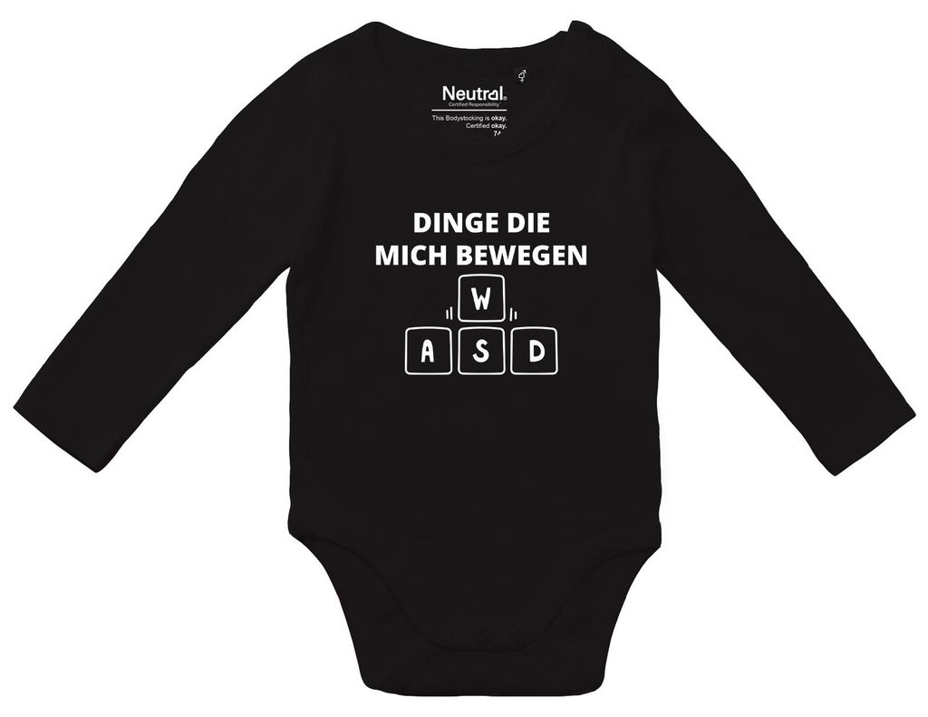 Huuraa Baby Body Dinge die mich bewegen Tastatur W A S D 62 Black Baumwolle Fairtrade Langarmbody Geschenkidee