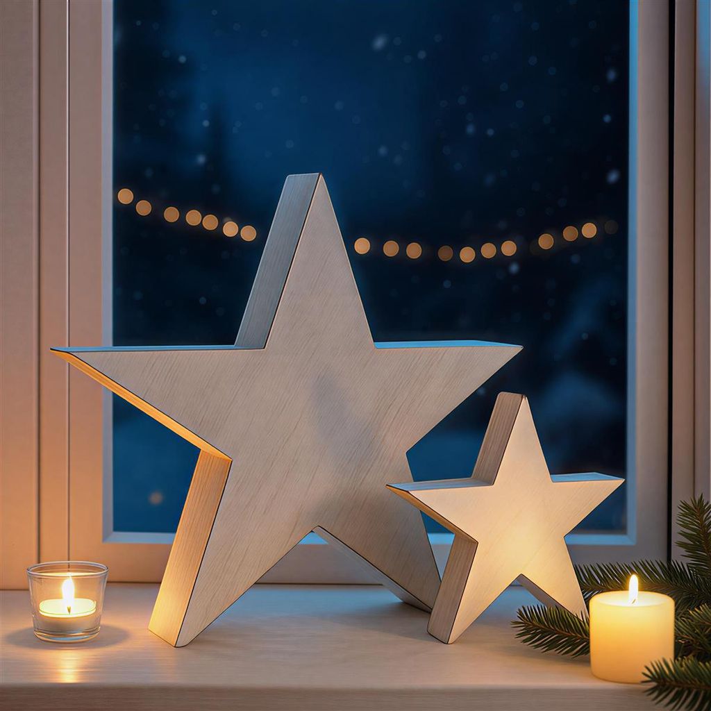 2x Dekofigur Stern "Shabby" aus Holz, weiß, Ø 20 + 35 cm, Weihnachtsdeko Holzstern, Winterdeko