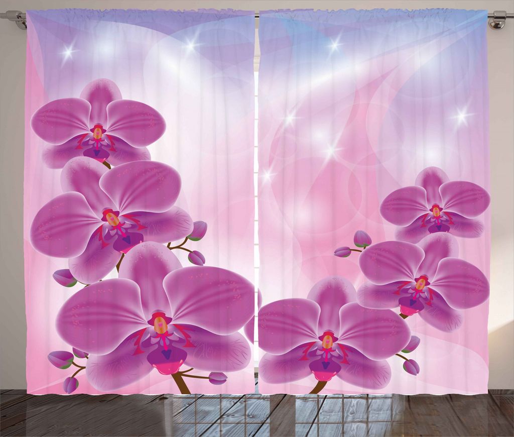 ABAKUHAUS Blumen Rustikaler Gardine, Exotische Orchideen-Blumen, Schlafzimmer Kräuselband Vorhang mit Schlaufen und Haken, 280 x 245 cm, Lila Pale...