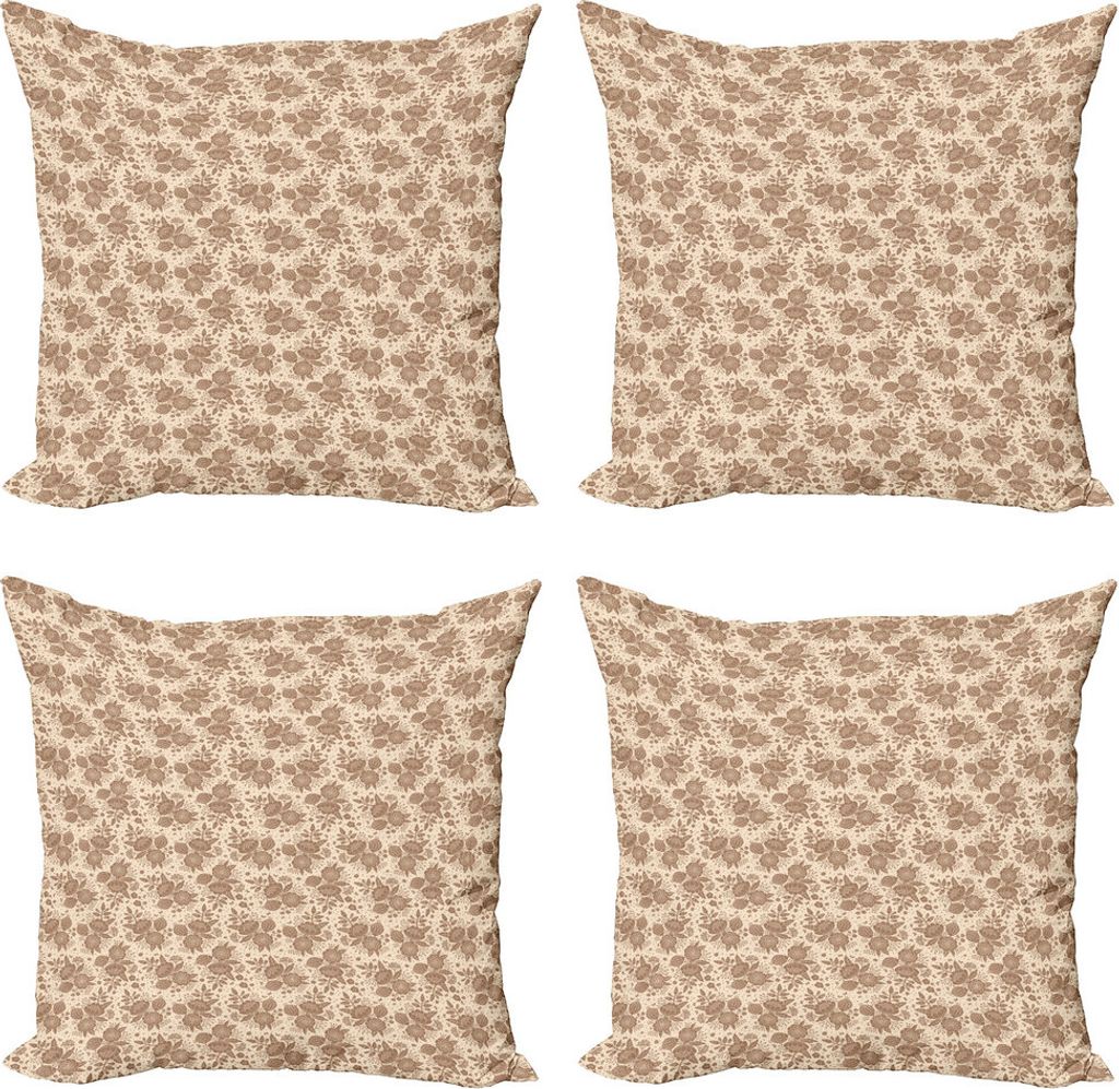 ABAKUHAUS Blumen Kissenbezug Set (4 Stück), Oriental Blooming Pfingstrosen, Moderner Doppelseitiger Digitaldruck, 45 cm x 45 cm, Umber und Champagne