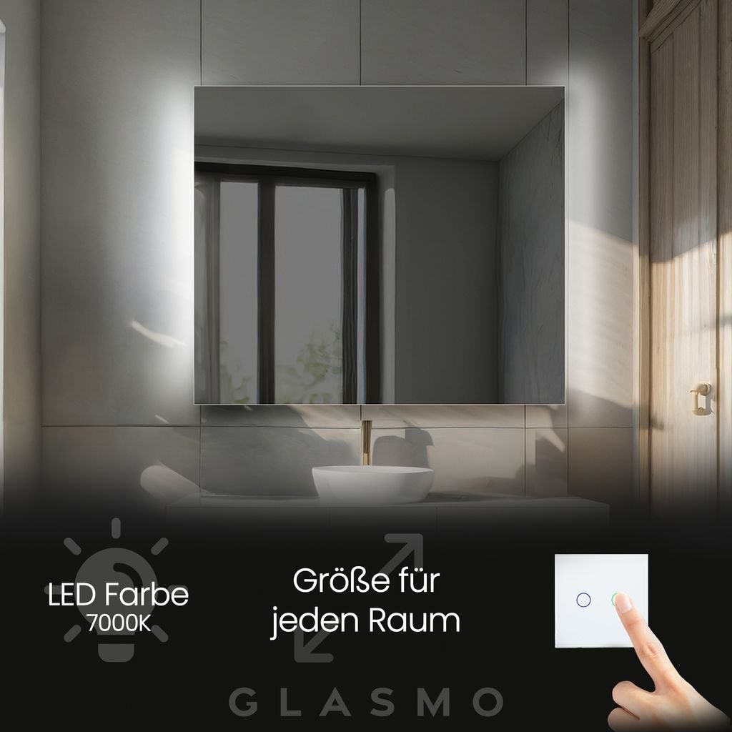 Badspiegel mit LED Beleuchtung 60x100 cm Alana - Vertikal Rechteckiger Spiegel mit Beleuchtung - Kaltweiß 7000K - Badezimmerspiegel Lichtspiegel