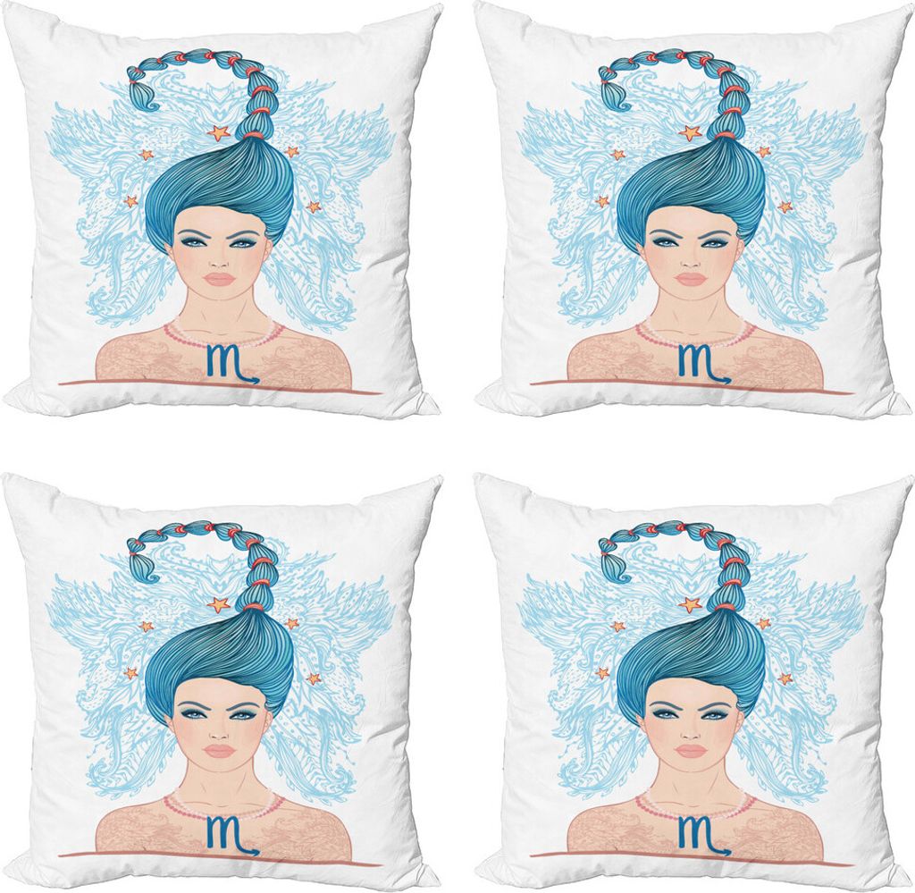 ABAKUHAUS Sternzeichen Skorpion Kissenbezug Set (4 Stück), Lady Blue Haar, Moderner Doppelseitiger Digitaldruck, 50 cm x 50 cm, Mehrfarbig
