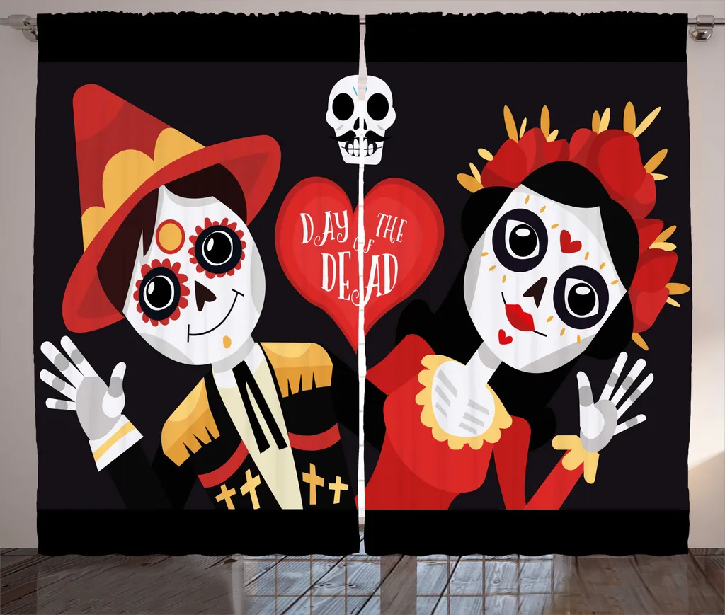 ABAKUHAUS Dia de los Muertos Tenda rustica, arte dei teschi di zucchero, soggiorno Nastro universale Tende con passanti e ganci, 280 x 175 cm, grigio