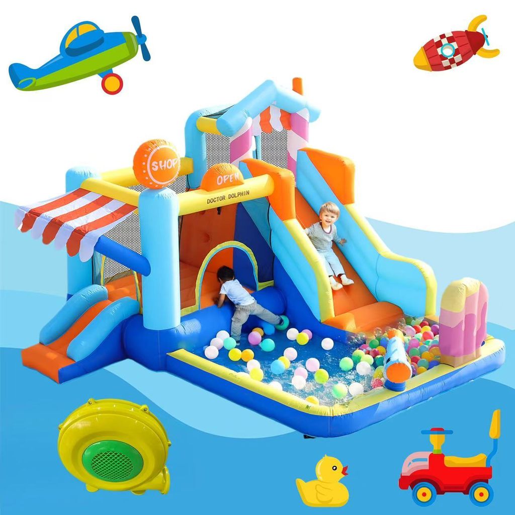 LVHOM Aufblasbare Hüpfburg mit Gebläse, Spielpool, Trocken-/Wasserrutsche, Springburg Outdoor, Wasserpark mit Trampolin, Planschbecken, 340x395x2...