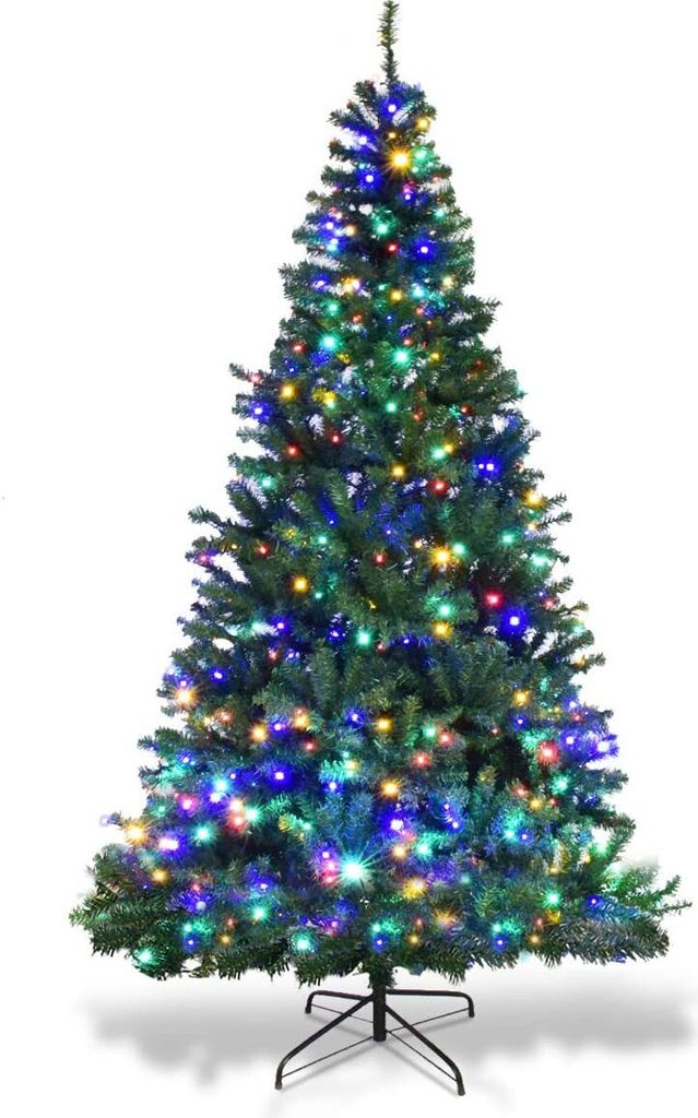 A decorated artificial Christmas tree with LED lights on a white background.