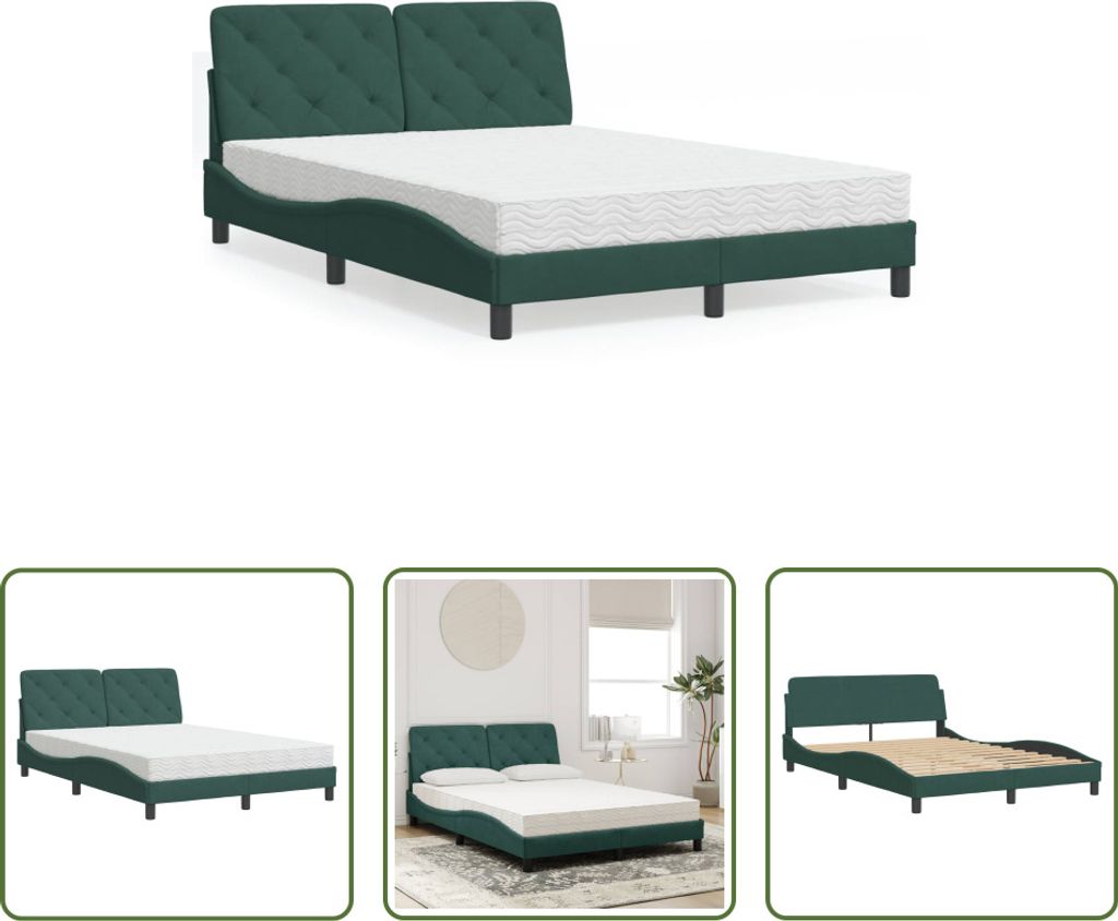 The Living Store Bett mit Matratze Dunkelgrün 140x200 cm Samt