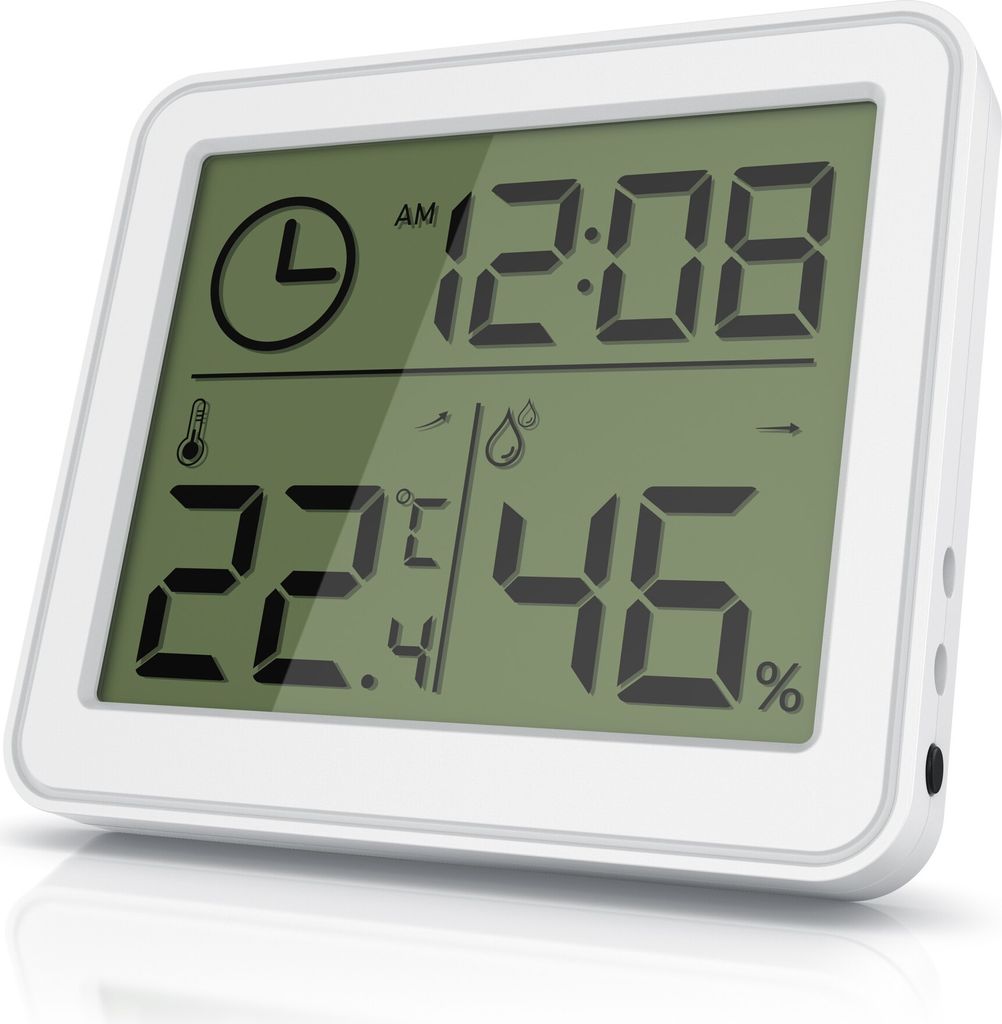 BEARWARE - Thermometer Hygrometer - Temperatur und Luftfeuchtigkeit – Uhrzeit - gut ablesbare LCD-Anzeige – Magnethalter, Aufhängeöse und Sta...