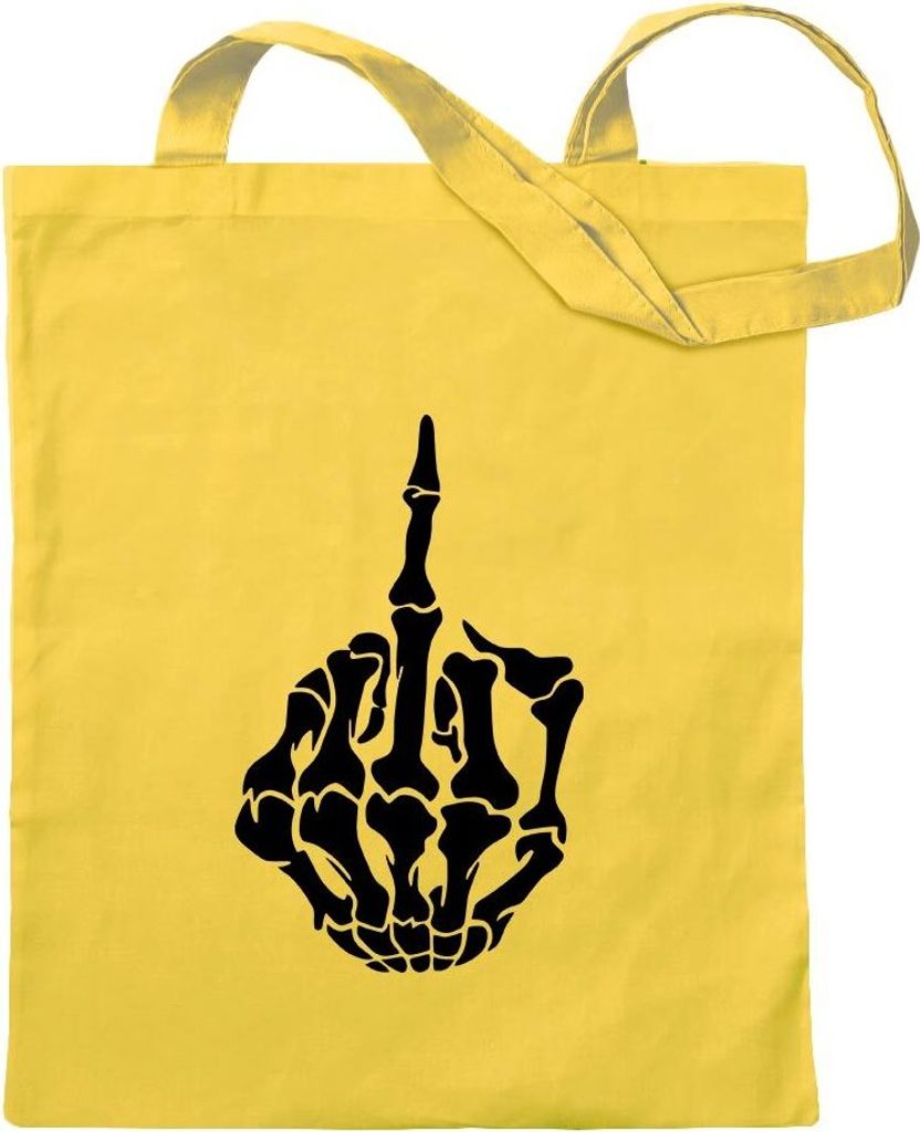 Kiwistar - Baumwolltasche - gelb - Mittelfinger Skelett Hand - Tragetasche Stoffbeutel Umhängetasche Langer Henkel