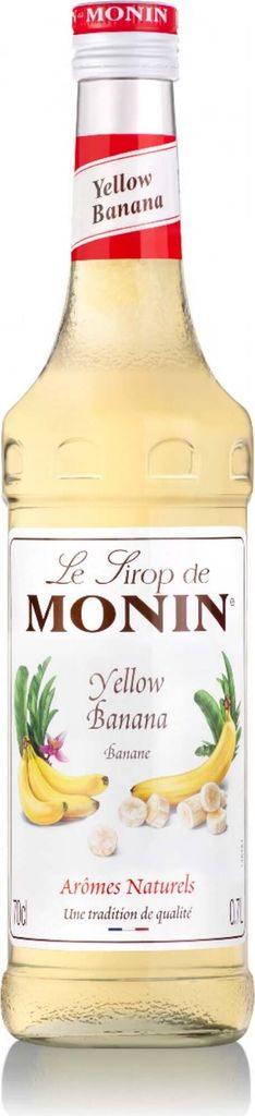 A bottle of Monin Yellow Banana syrup is shown against a white background.