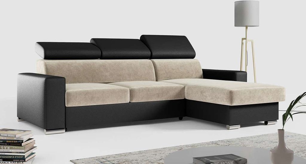 Ecksofa, Verstellbare Kopfstützen, L Couch, Polstersofa mit Bettkasten - FOX-L - Beige/Schwarz