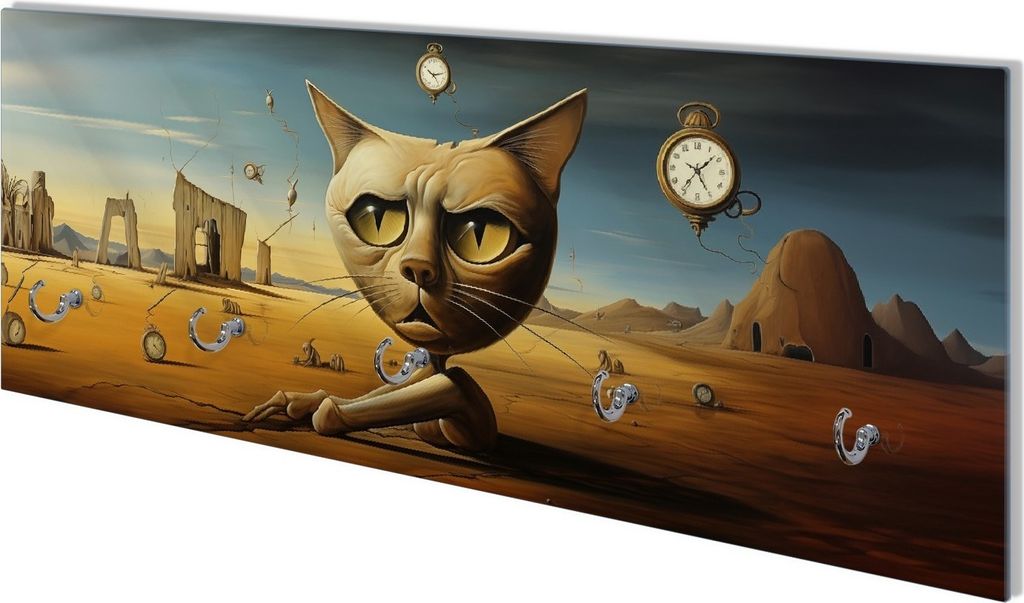 Wallario Flurgarderobe Wandgarderobe aus Glas, mit 5 Haken, Größe 80 x 30 cm, Motiv Katze als Zeitwächter
