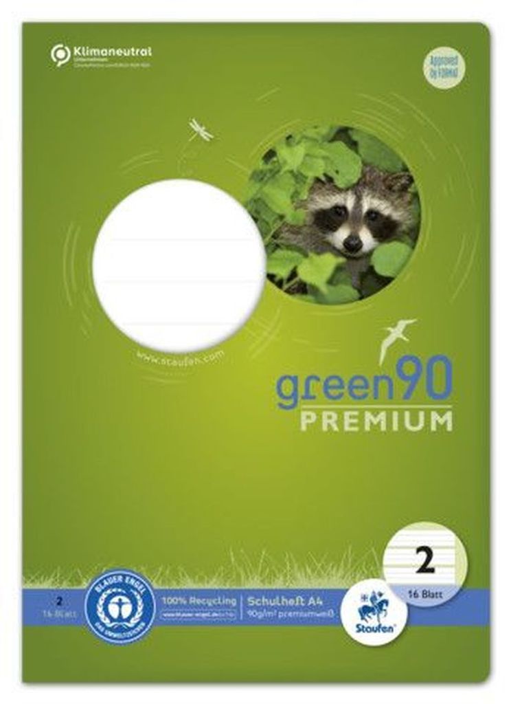 Staufen Green Schulheft, DIN A4, Lineatur 2, 16 Blatt, 90g/qm, 4/4/4 mm, liniert, farbig