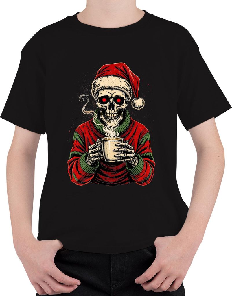 Skelett Santa rote Augen Kaffee Becher Gothic Weihnachten Uni Kinder T-Shirt, Schwarz, 140