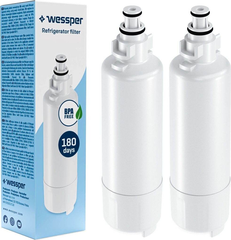 Two refrigerator filters are shown next to their packaging.