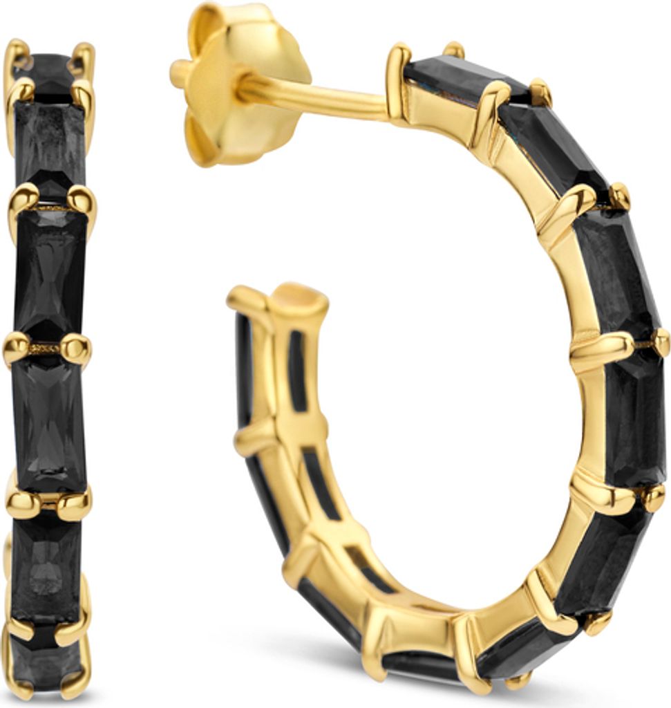 Neu Bling 9NB-0928 Silber Halb Ohrringe - Frauen - Zirkonia - Baquette - 19 mm Durchmesser - Schwarz - Gold farbig