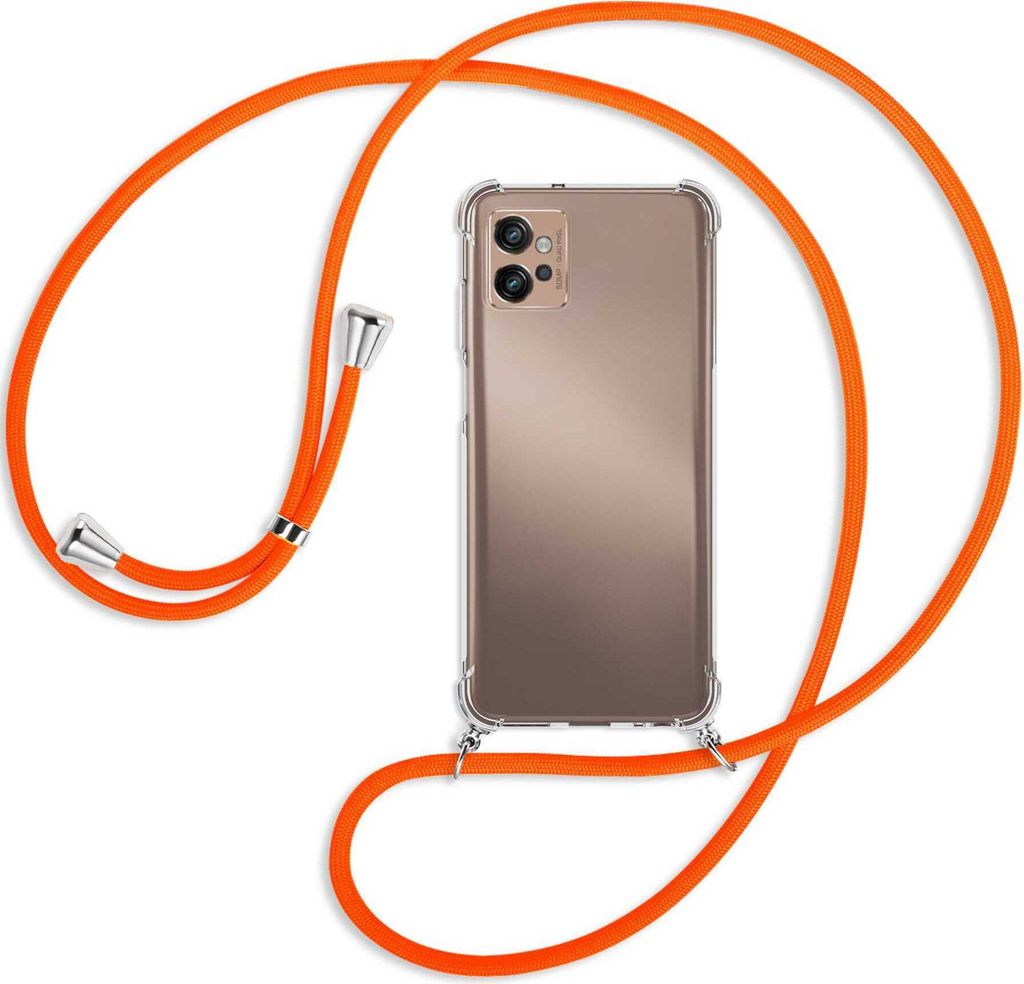 Handykette Backcover-Schutzhülle mit Band (Metall silberfarben) für Motorola Moto G32 (6.5'') - neonorange