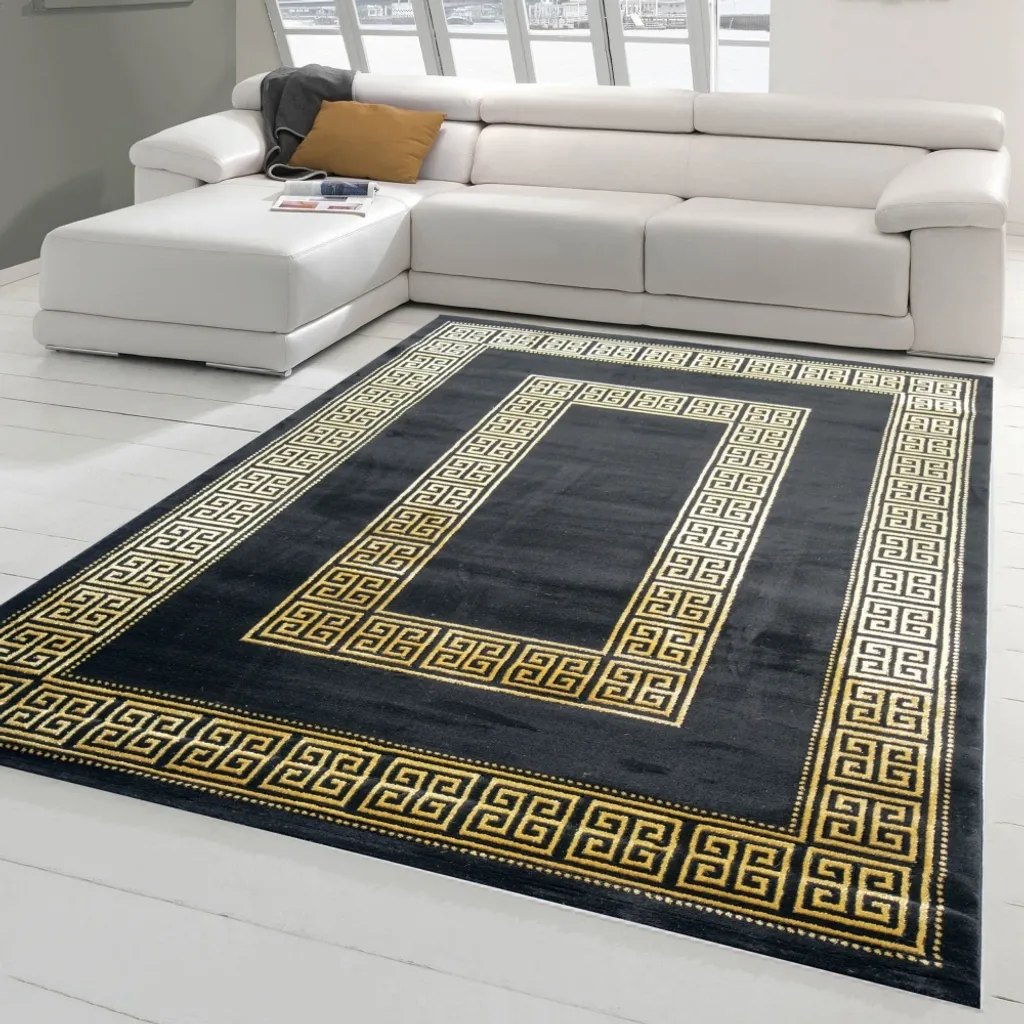Tapis moderne noir et or avec bordure classique chic - 120 x 170 cm