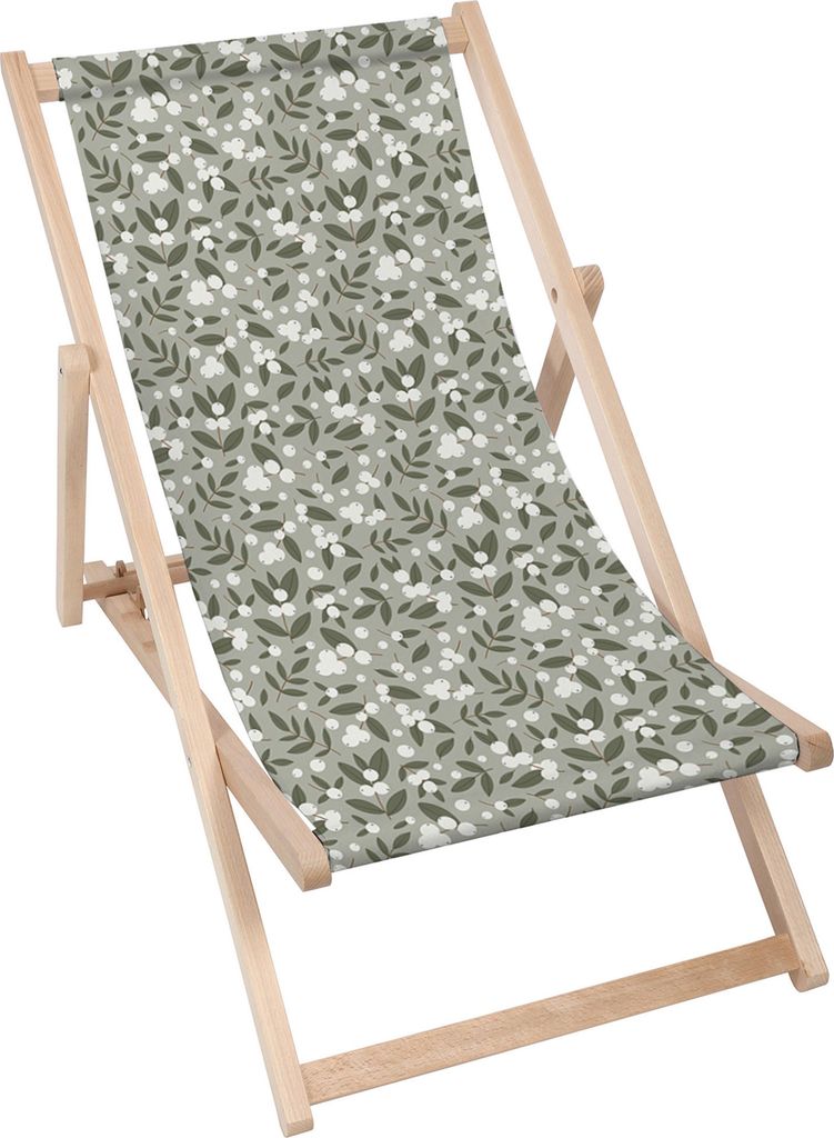Dreamroots Liegestuhl klappbar Holz bis zu 130 kg, Sonnenliege klappbar mit 3-stufiger Neigungsregulierung der Rückenlehne, White Berries on Olive