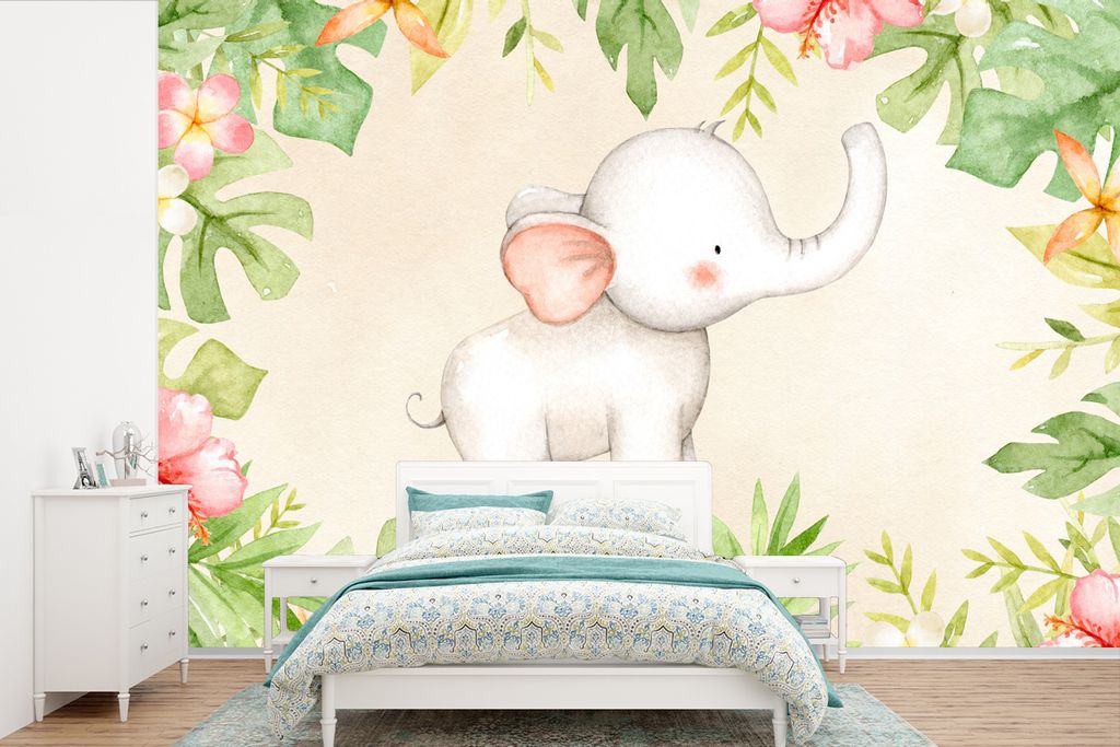 MuchoWow Fototapete für Wohnzimmer oder Schlafzimmer Wandtapete Vinyl Motivtapete Elefant - Blumen - Pflanzen - Dschungel - 525x350 cm - Das Hin...