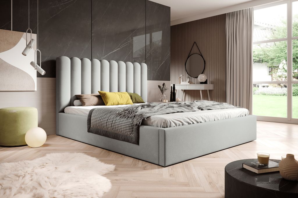 BESILIO Bett mit hohem Kopfteil für Schlafzimmer 180x200 Lumi - Lattenrost mit Bettkasten - Grau & Magic Velvet 2218