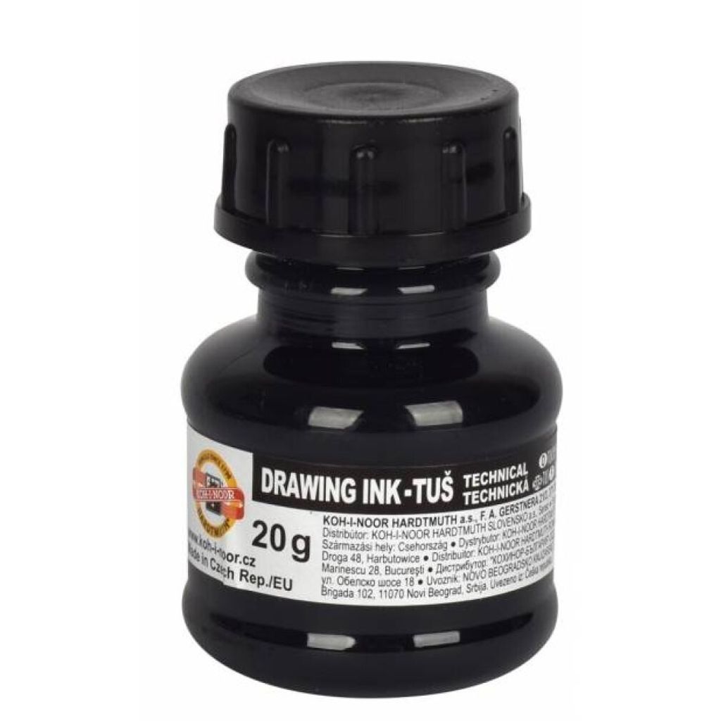 A small black bottle of drawing ink with a label.
