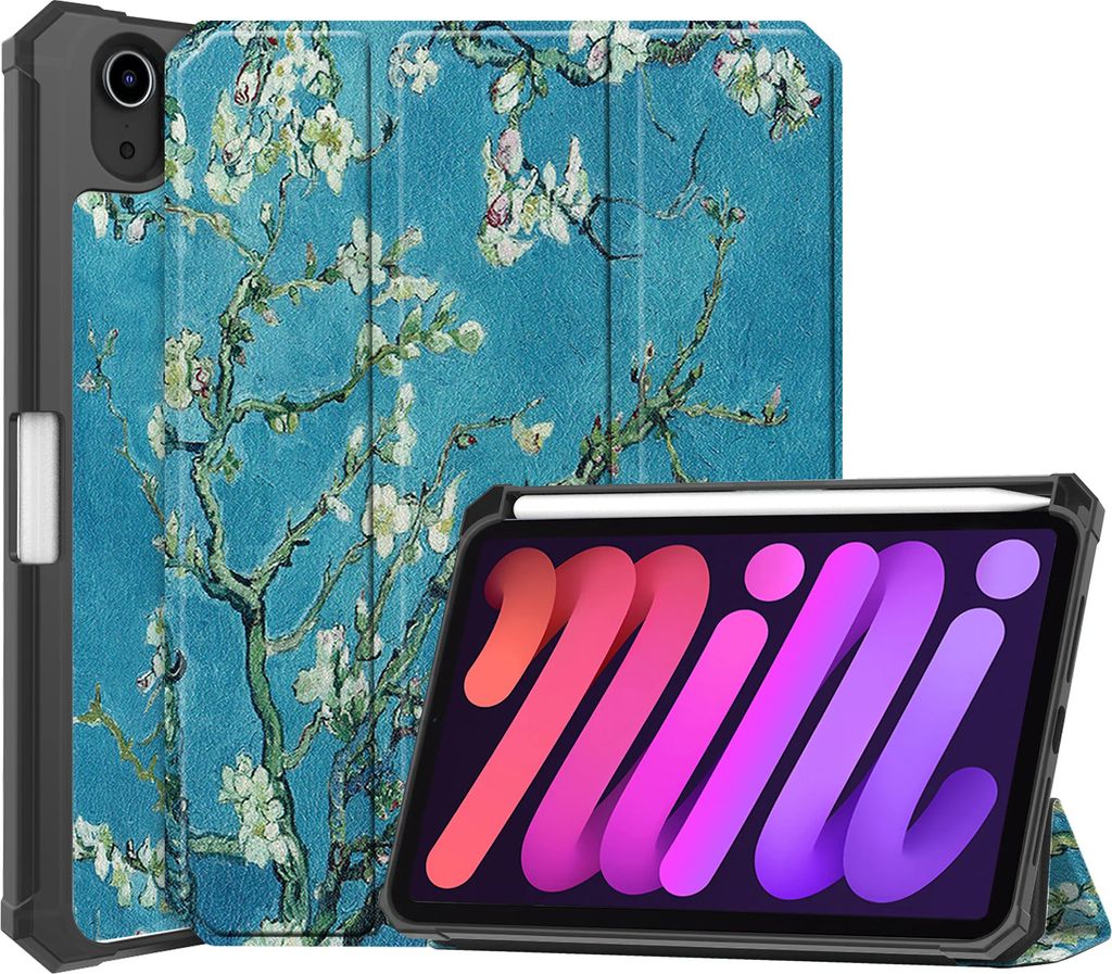 Case2go - Hülle kompatibel mit Apple iPad Mini 7 (2024) - Mit Stifthalter Faux Leather Tablet Case Schutzhülle - weiße Blüte