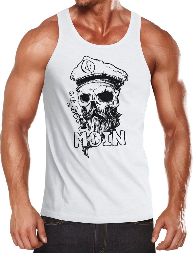 Herren Tank-Top Moin Kapitän Totenkopf Anker Bart Hamburg Muskelshirt Muscle Shirt Neverless weiß L