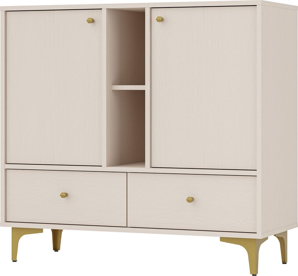 Masseno Kommode TORINO 100 cm Sideboard mit 2 Schubladen und 2 Türen für Wohnzimmer Schlafzimmer Modern 100x41x94 cm Beige / Beige