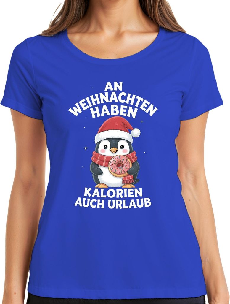Weihnachts Pinguin Donut Kalorien haben Urlaub Lustig Geschenk Damen T-Shirt, Blau, M