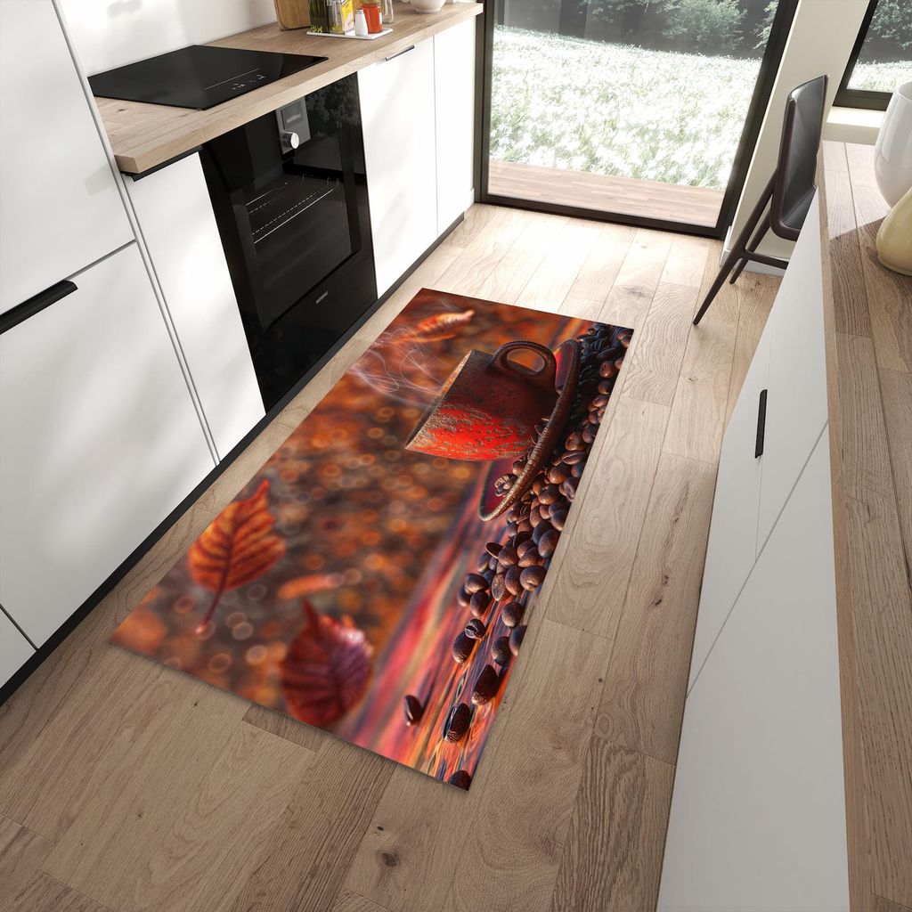 Küchenteppich 90x180cm rutschfest & abwischbar PVC Läufer - Kaffeetasse im Herbst