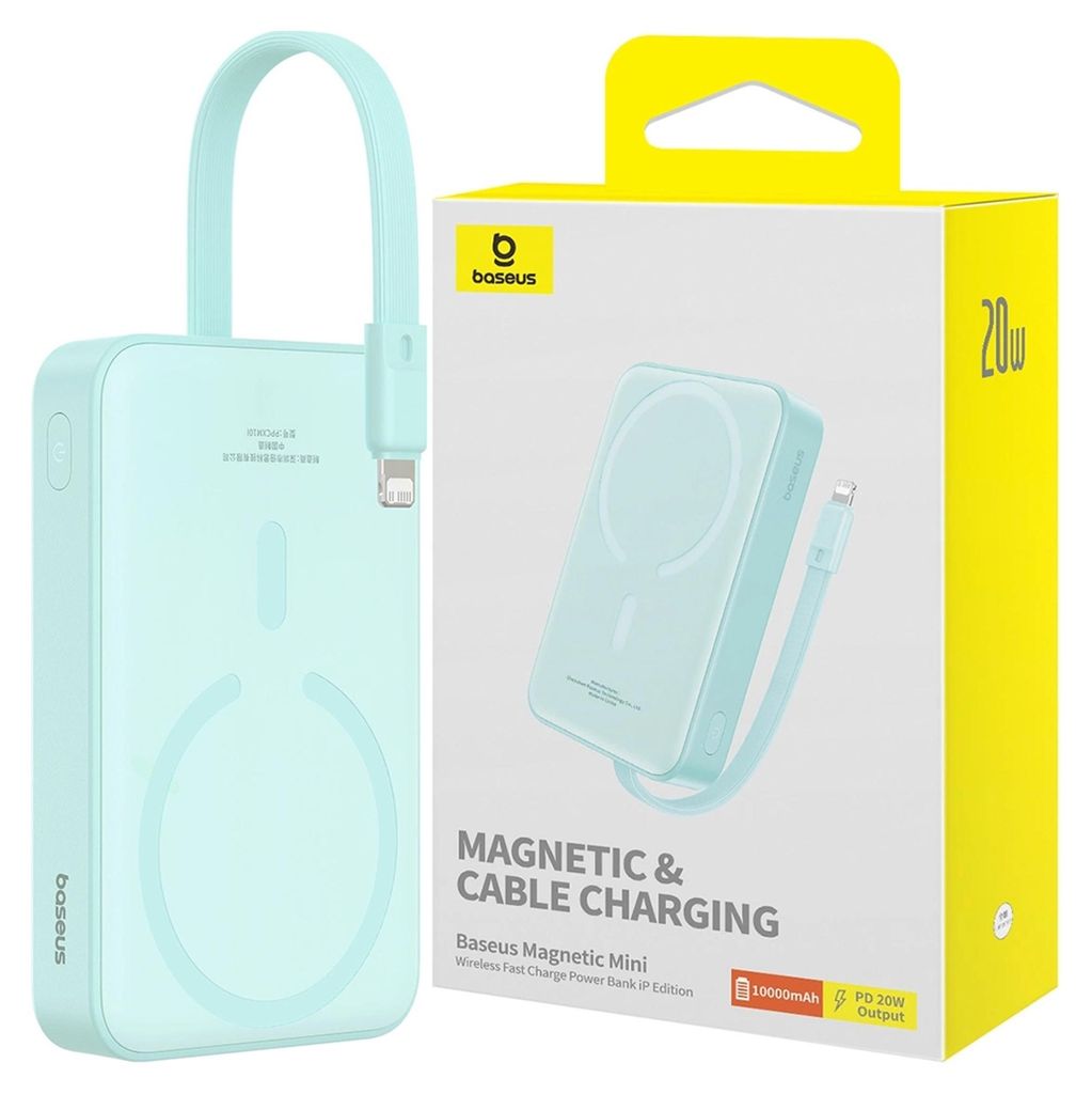 Baseus Magnetic Mini - Powerbank 10000 mAh 20 W USB-C mit kabellosem MagSafe-Laden und Lightning-Kabel (mintblau)