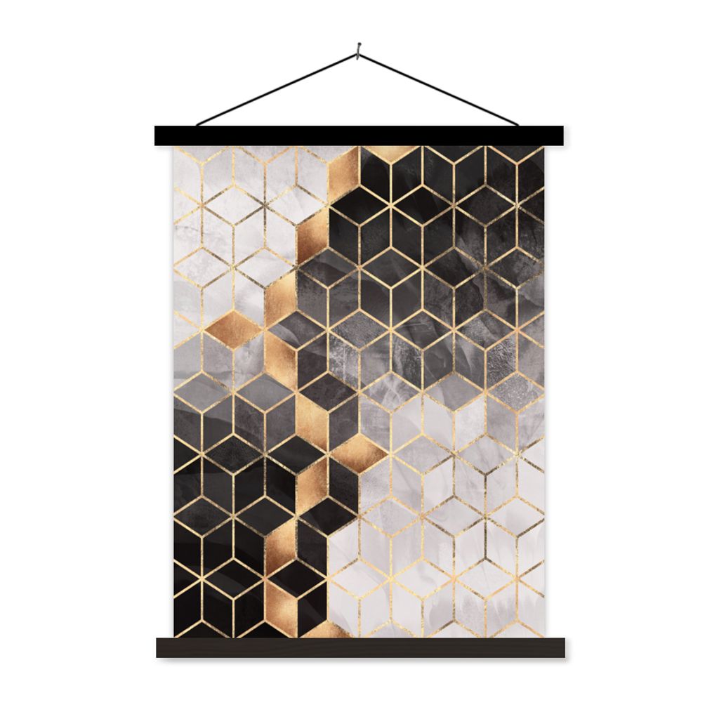 MuchoWow Textilposter Abstrakt - Würfel - Gold - Muster - Schwarz - Weiß 40x53 cm mit schwarzem Rahmen - Abbildung