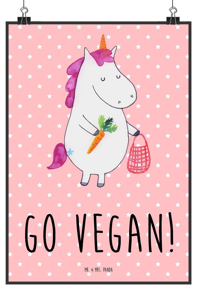 Mr. & Mrs. Panda Bild Einhorn Vegan DIN A2 - Rot Pastell - Geschenk, Veganismus, Rohkost, Gesund essen, Leben, Unicorn, Posterdruck, wanddeko, Wand...